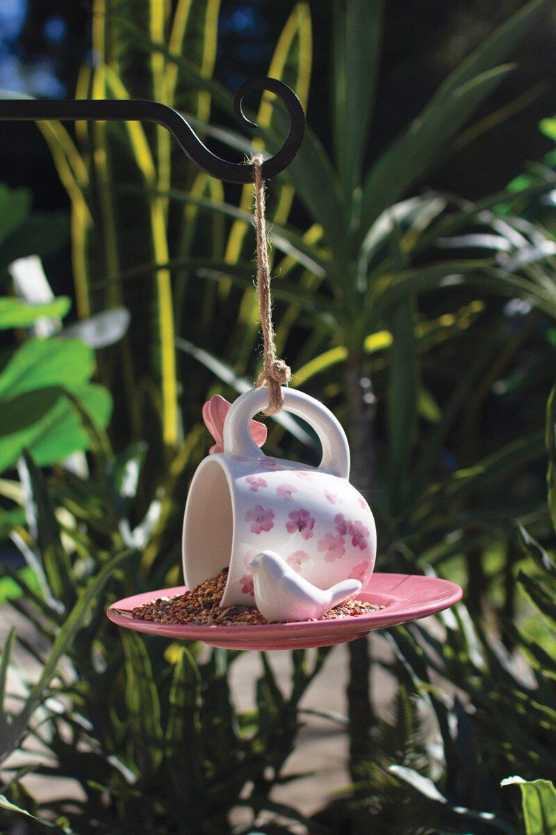 Ceramic Pink Tea Cup and Saucer Bird Feeder