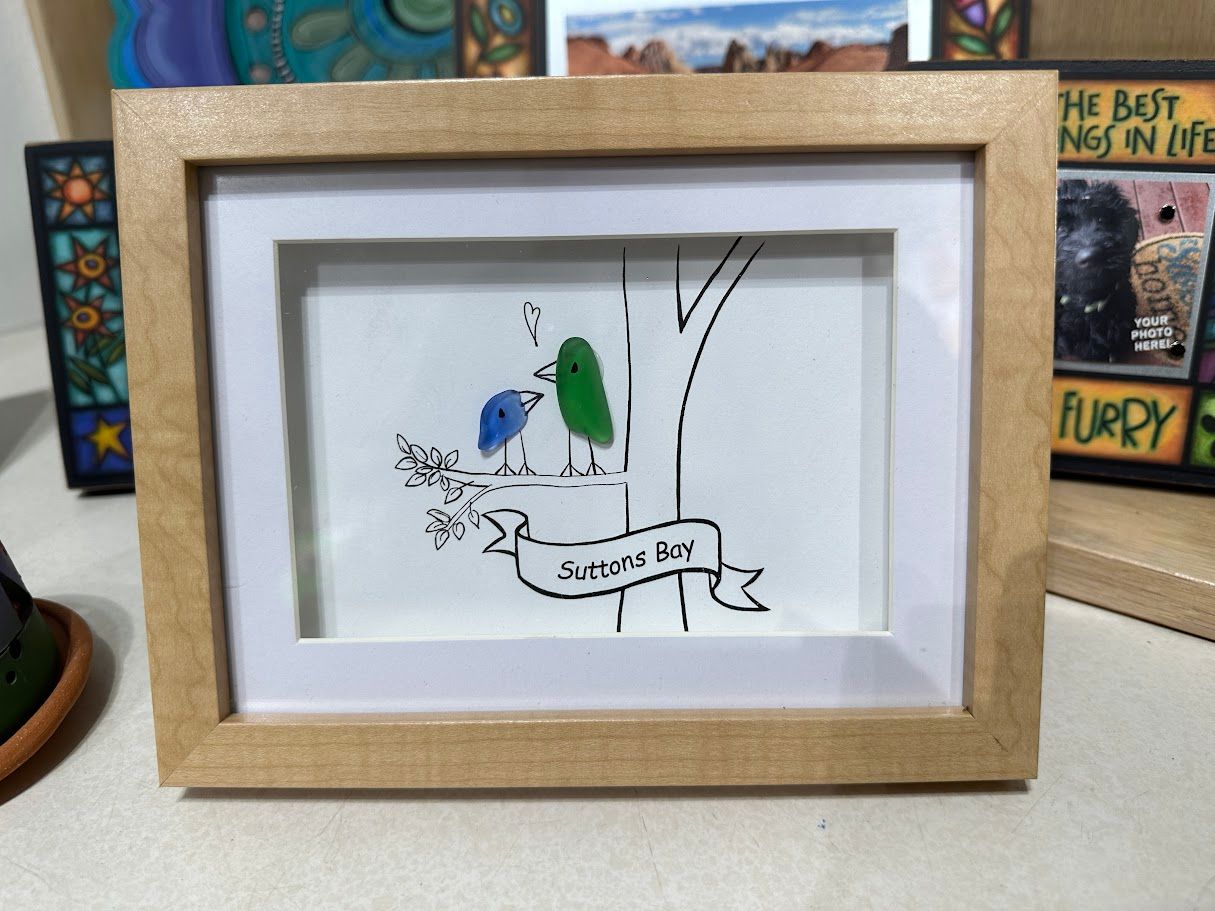 SEA GLASS LOVE BIRDS W/ SUTTONS BAY FRAMED ART