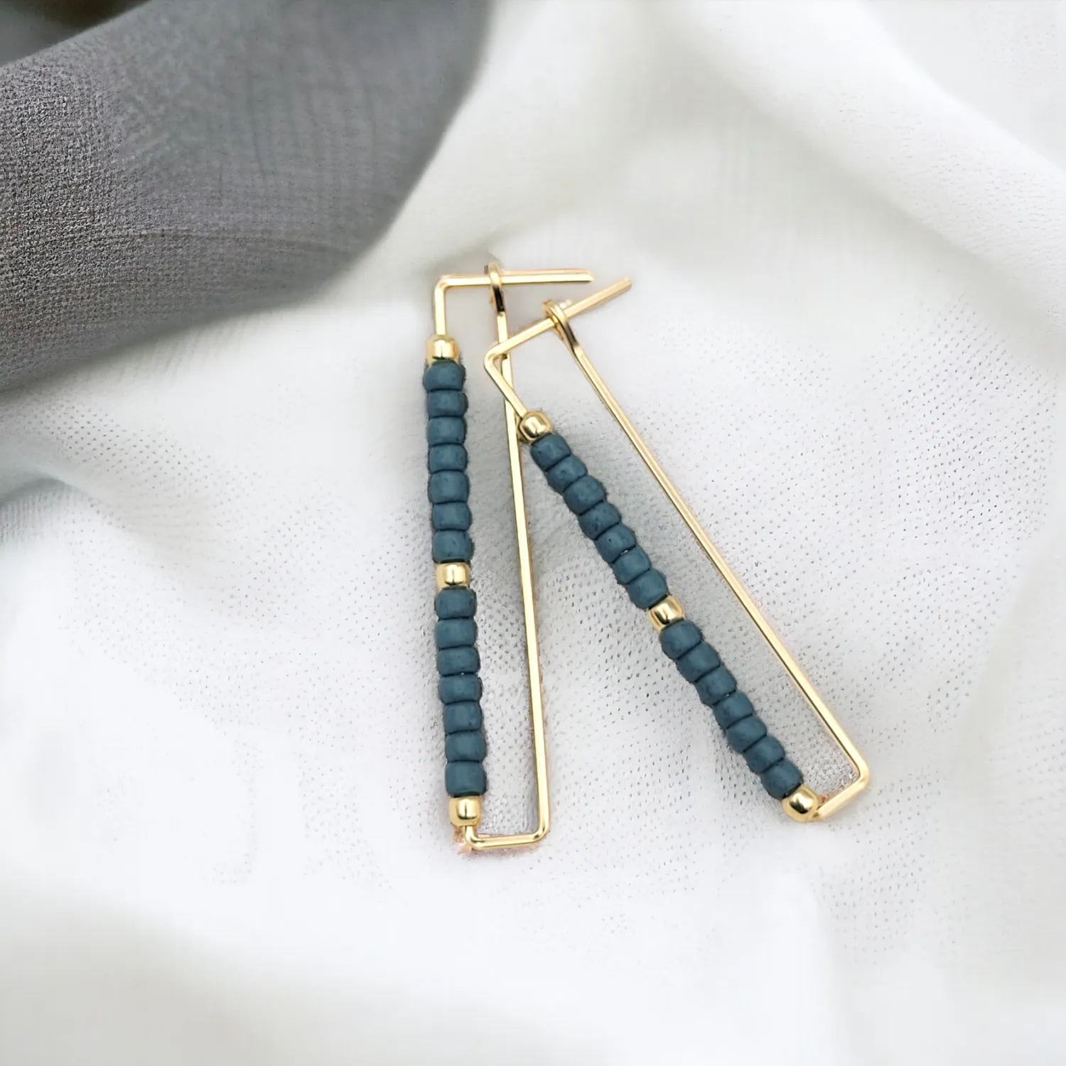 Gold Rectangle Earrings with Dark Teal Seed Beads