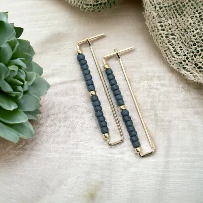 Gold Rectangle Earrings with Dark Teal Seed Beads