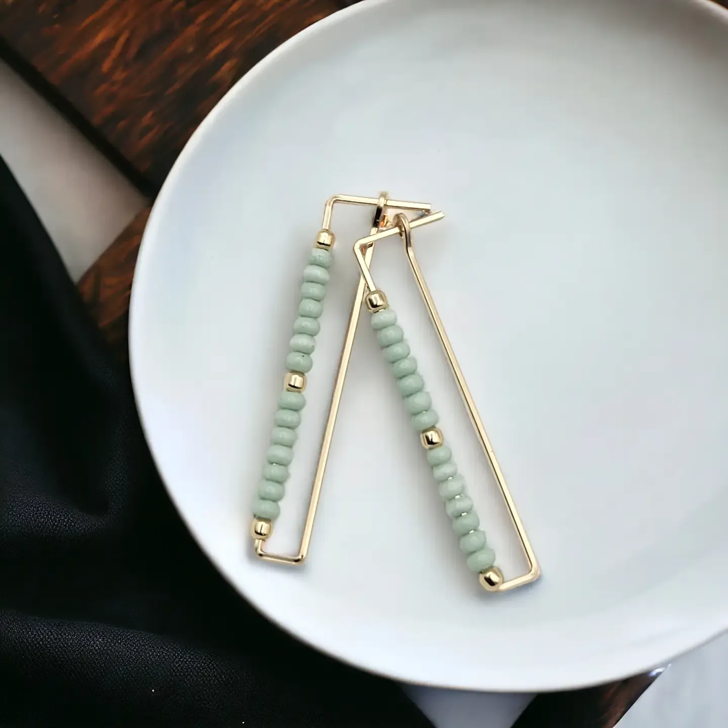 Gold Rectangle Earrings with Mint Green Seed Beads