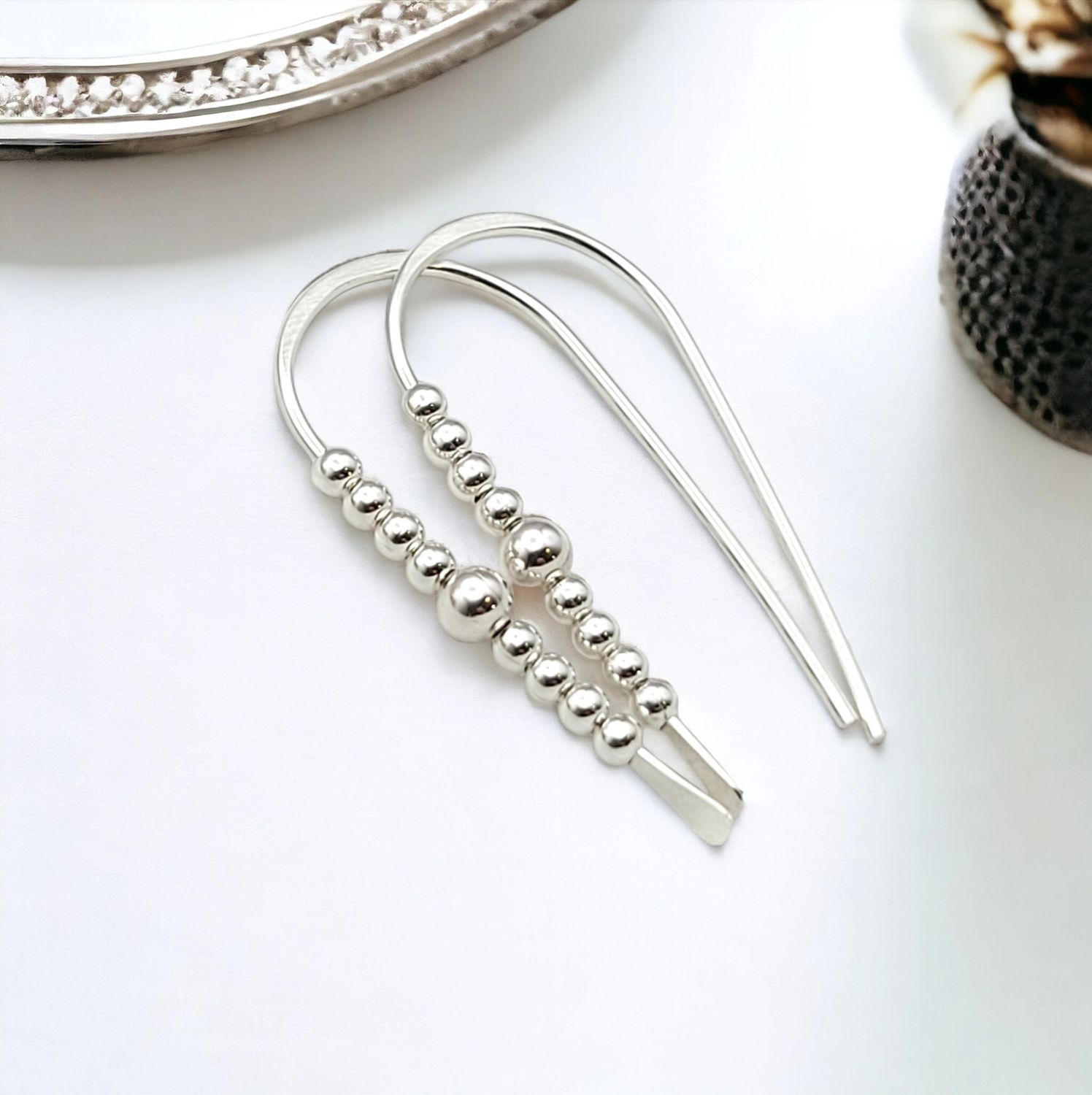 Modern Sterling Silver Beaded Threader Earrings