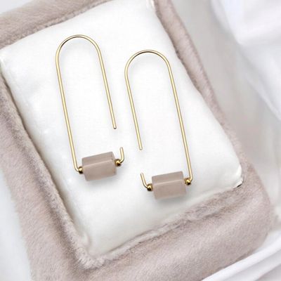 Gold Arc Threader Earrings with Rose Quartz - Handmade