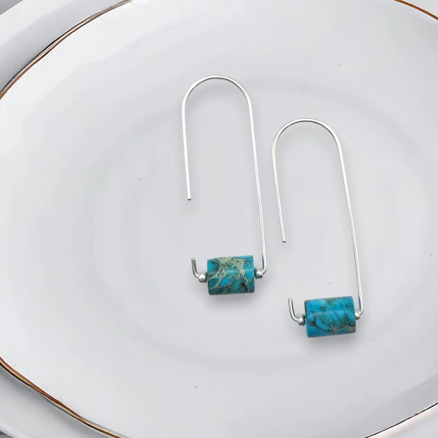 Silver Arc Threader Earrings with Turquoise Jasper
