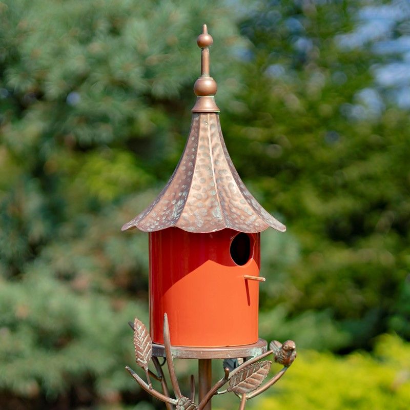 IRON &amp; PORCELAIN BIRDHOUSE STAKE - ORANGE
