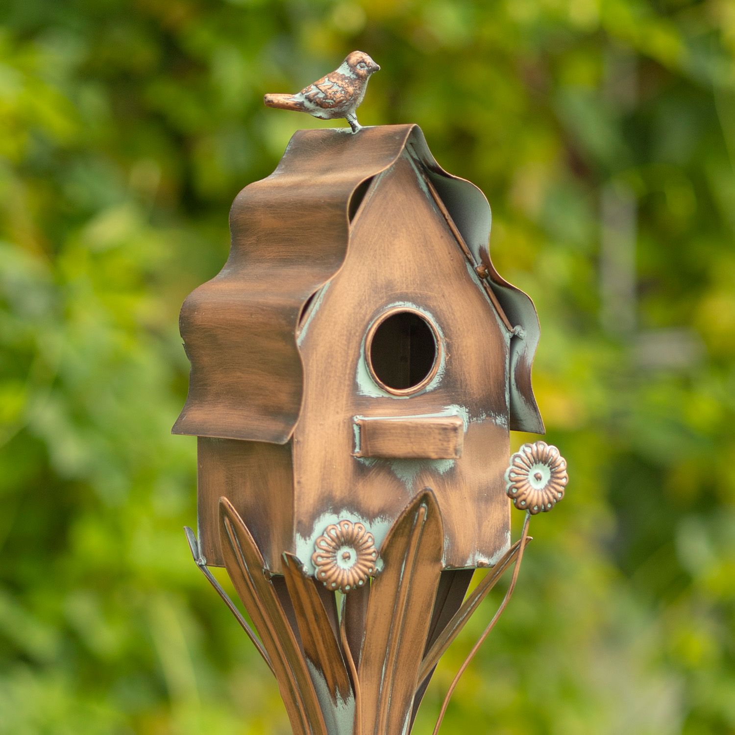 62.6&quot; Tall Cottage Style Birdhouse Garden Stake in Antique Copper