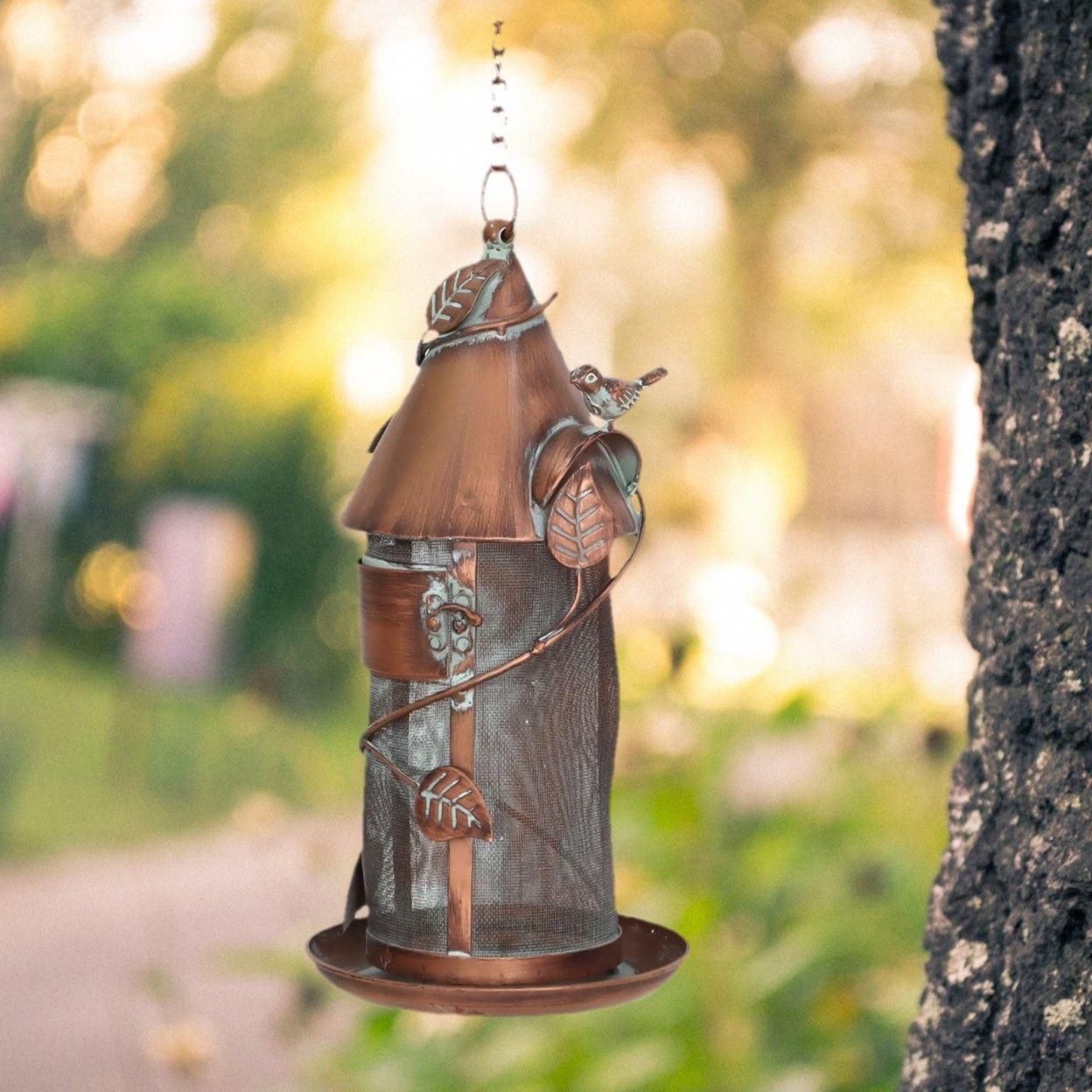 Hanging Iron Bird Feeder with Antique Copper Finish &quot;Silo&quot;