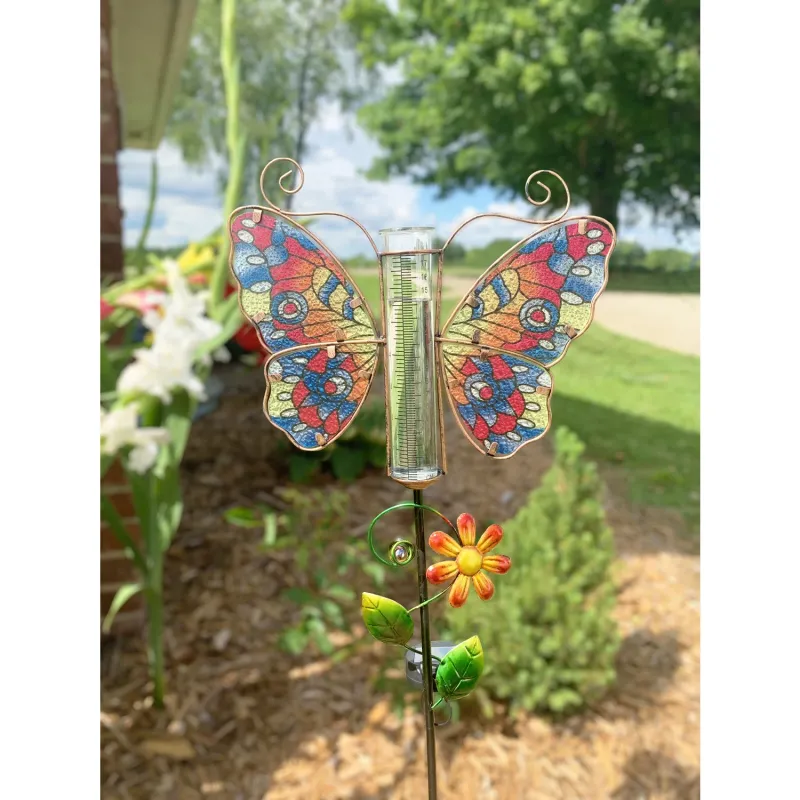 34538 - SOLAR RAIN GAUGE BUTTERFLY PINK BLUE