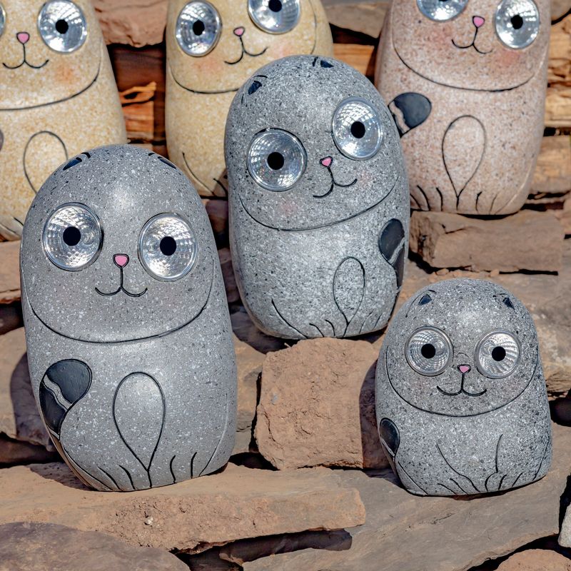 Set of Solar &quot;Rock&quot; Cats with Light Up Eyes in Antique Grey