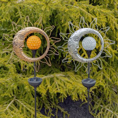 Set of 2 Dual Sun &amp; Moon Solar Spinning LED Garden Stakes in Silver &amp; Gold