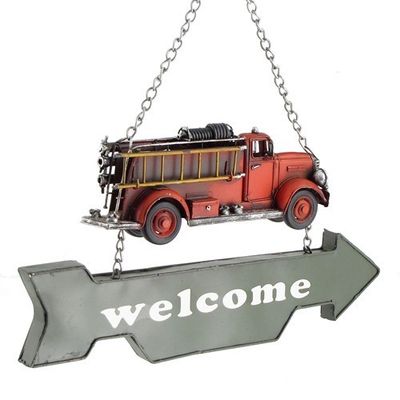 Vintage Style Hanging Iron Firetruck Welcome Sign