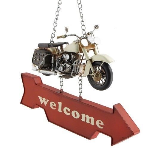 Vintage Style Hanging Iron Motorcycle Welcome Sign