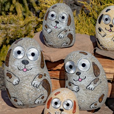 Set of 3 Solar &quot;Rock&quot; Dogs with Light Up Eyes in Antique Grey