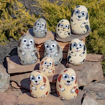 Set of 3 Solar "Rock" Dogs w/ Light Up Eyes in Ivory