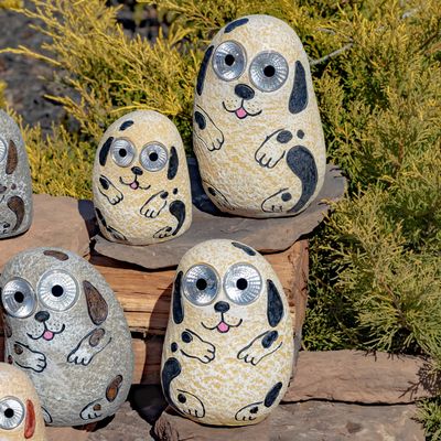 Set of 3 Solar &quot;Rock&quot; Dogs with Light Up Eyes in Ivory (Black &amp; White)