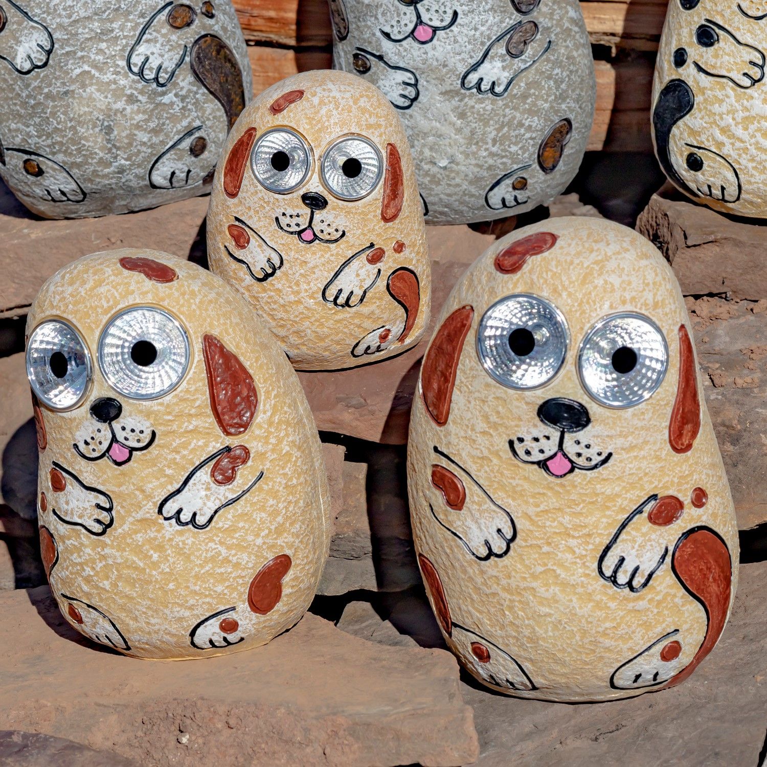 Set of 3 Solar &quot;Rock&quot; Dogs with Light Up Eyes in Peach (Tan)