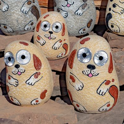 Set of 3 Solar &quot;Rock&quot; Dogs with Light Up Eyes in Peach (Tan)