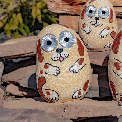 Set of 3 Solar "Rock" Dogs with Light Up Eyes in Peach (Tan)