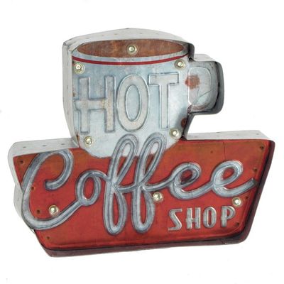 14&quot; x 11.63&quot; Light Up LED Hanging &quot;HOT COFFEE&quot; Metal Wall Hanging Sign