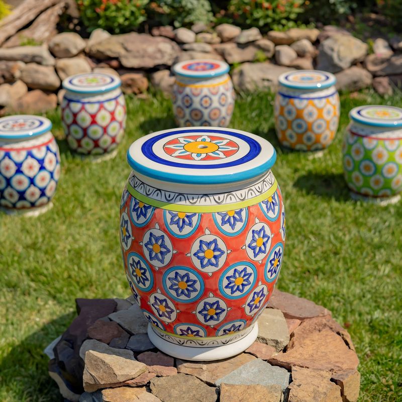 17.75&quot; Tall Ceramic Stoneware Stool in Red, Blue &amp; Yellow &quot;Cora&quot;