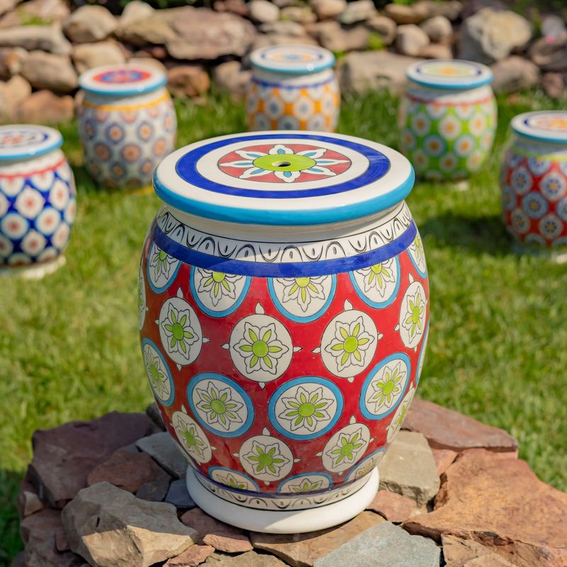 17.75&quot; Tall Ceramic Stoneware Stool in Red, Blue &amp; Green &quot;Carmen&quot;