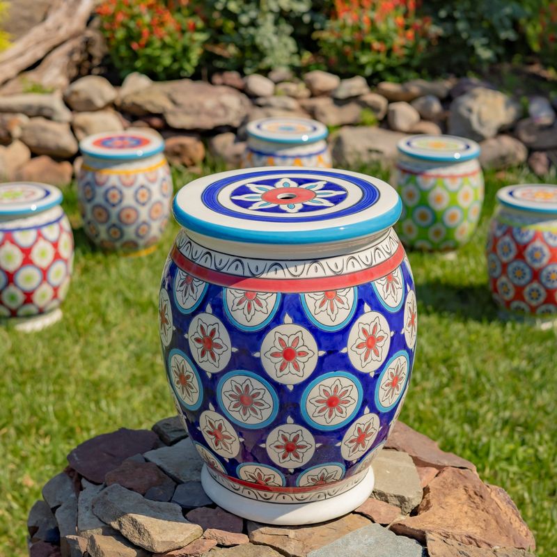 17.75&quot; Tall Ceramic Stoneware Stool in Navy, Ivory &amp; Red &quot;Cadence&quot;
