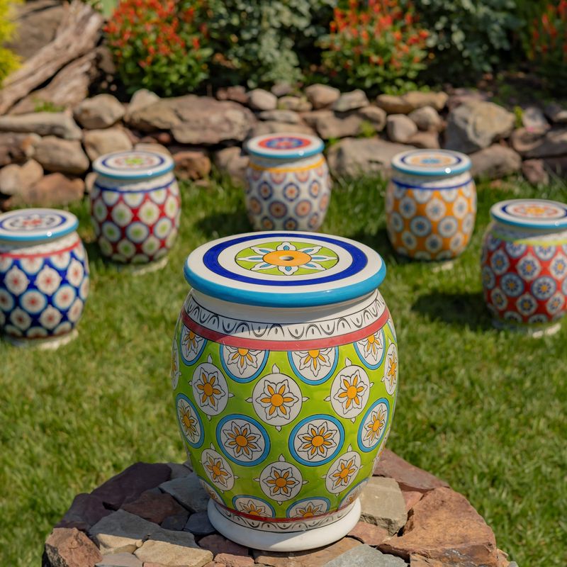 17.75&quot; Tall Ceramic Stoneware Stool in Green, Blue, &amp; Yellow &quot;Cassidy&quot;