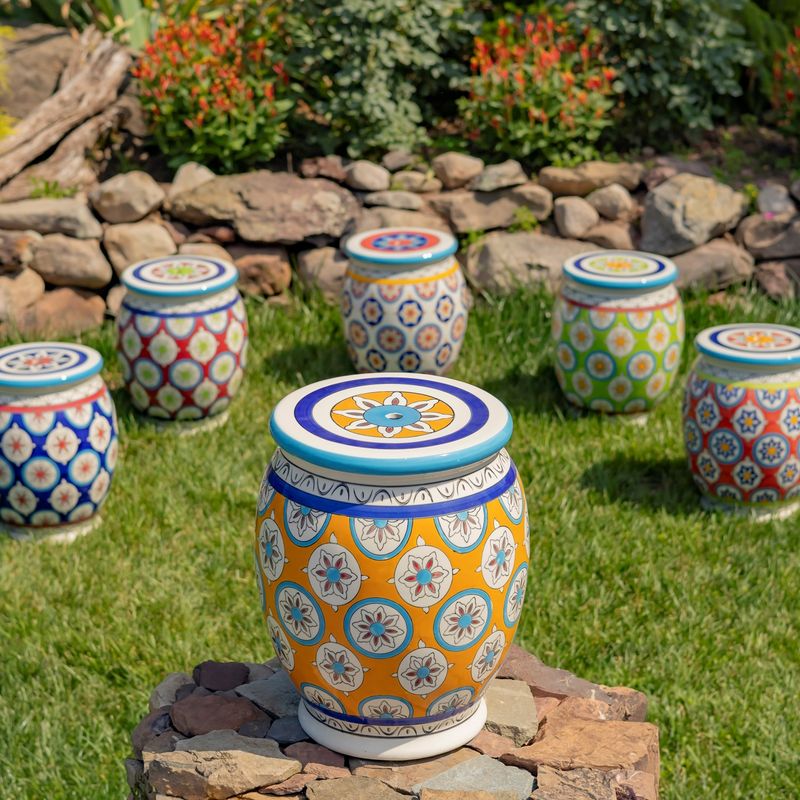 17.75&quot; Tall Ceramic Stoneware Stool in Yellow, Navy, &amp; Cerulean &quot;Callista&quot;