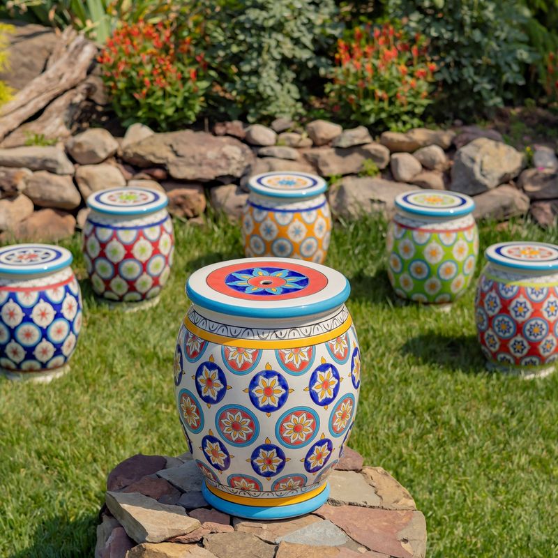17.75&quot; Tall Ceramic Stoneware Stool in Ivory, Yellow, &amp; Mauve &quot;Camila&quot;