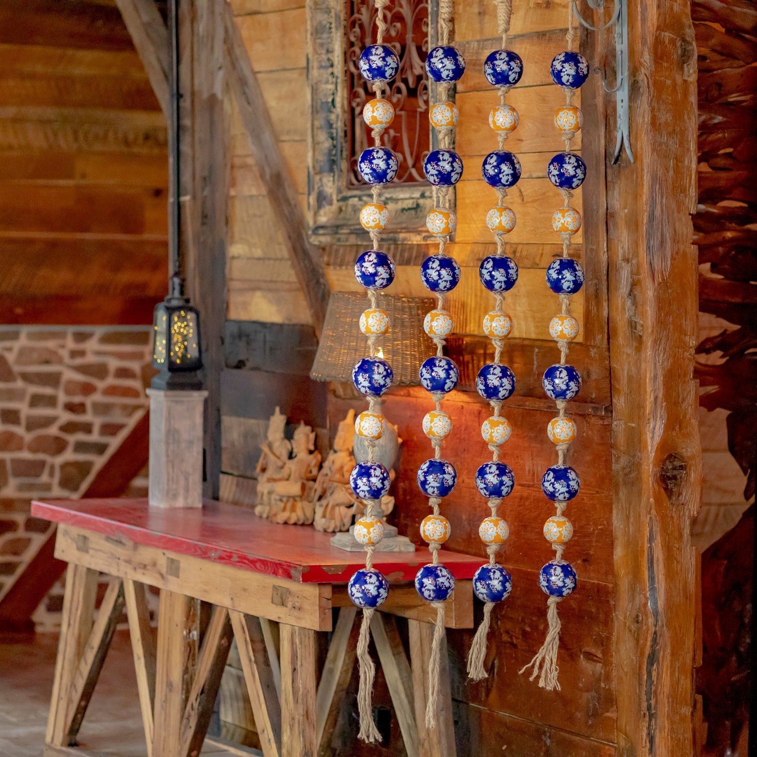 74&quot; Long Porcelain Tsugo Ball Garland in Blue &amp; Orange &quot;Shira&quot;