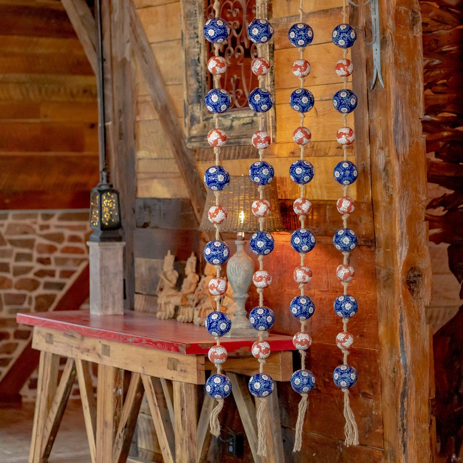 74&quot; Long Porcelain Tsugo Ball Garland in Burnt Orange &amp; Blue &quot;Kimi&quot;