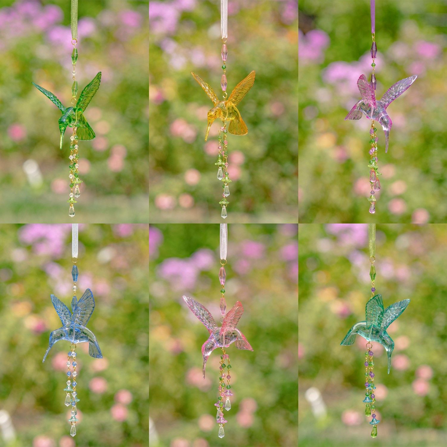 Set of 6 Short Acrylic Hummingbird Ornament in 6 Assorted Colors