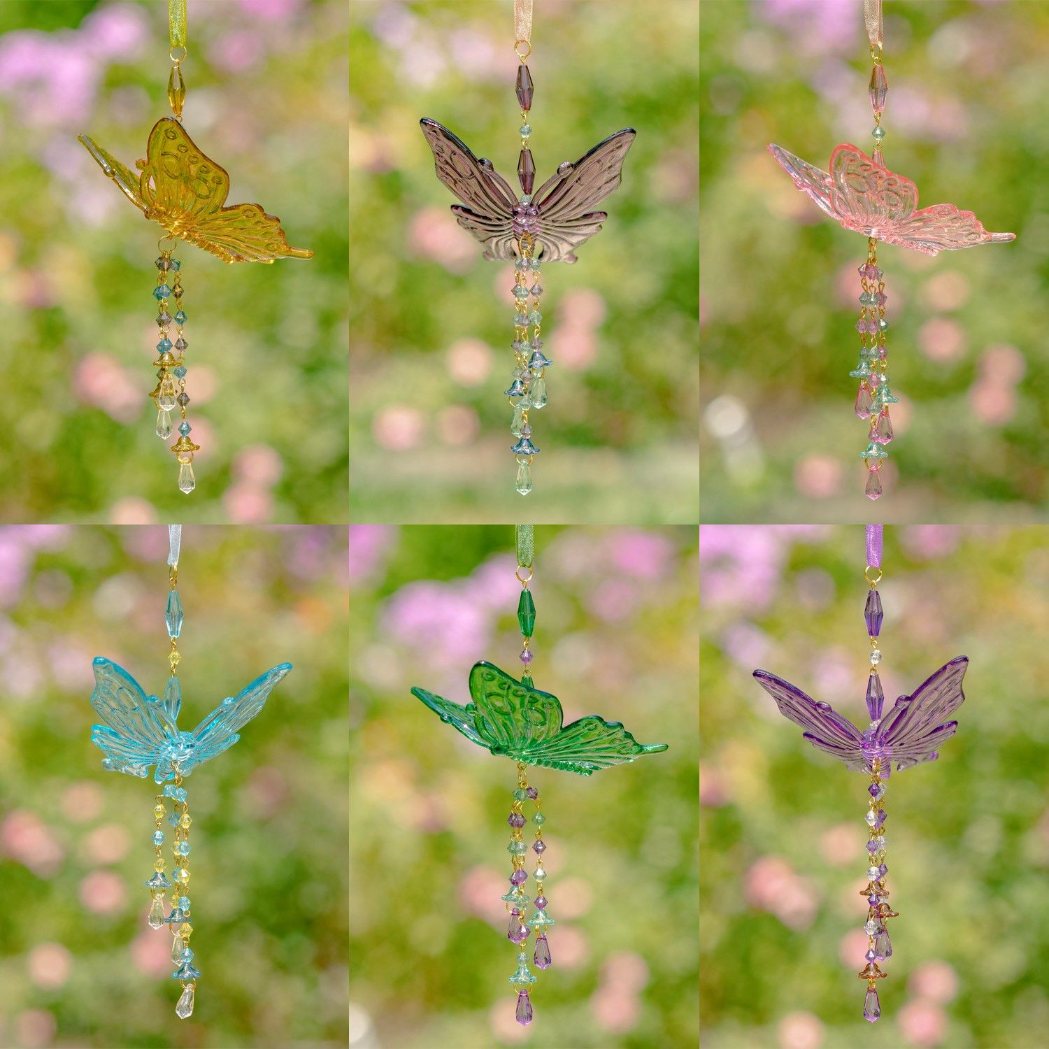 Set of 6 Short Acrylic Butterfly Ornaments in Six Assorted Colors