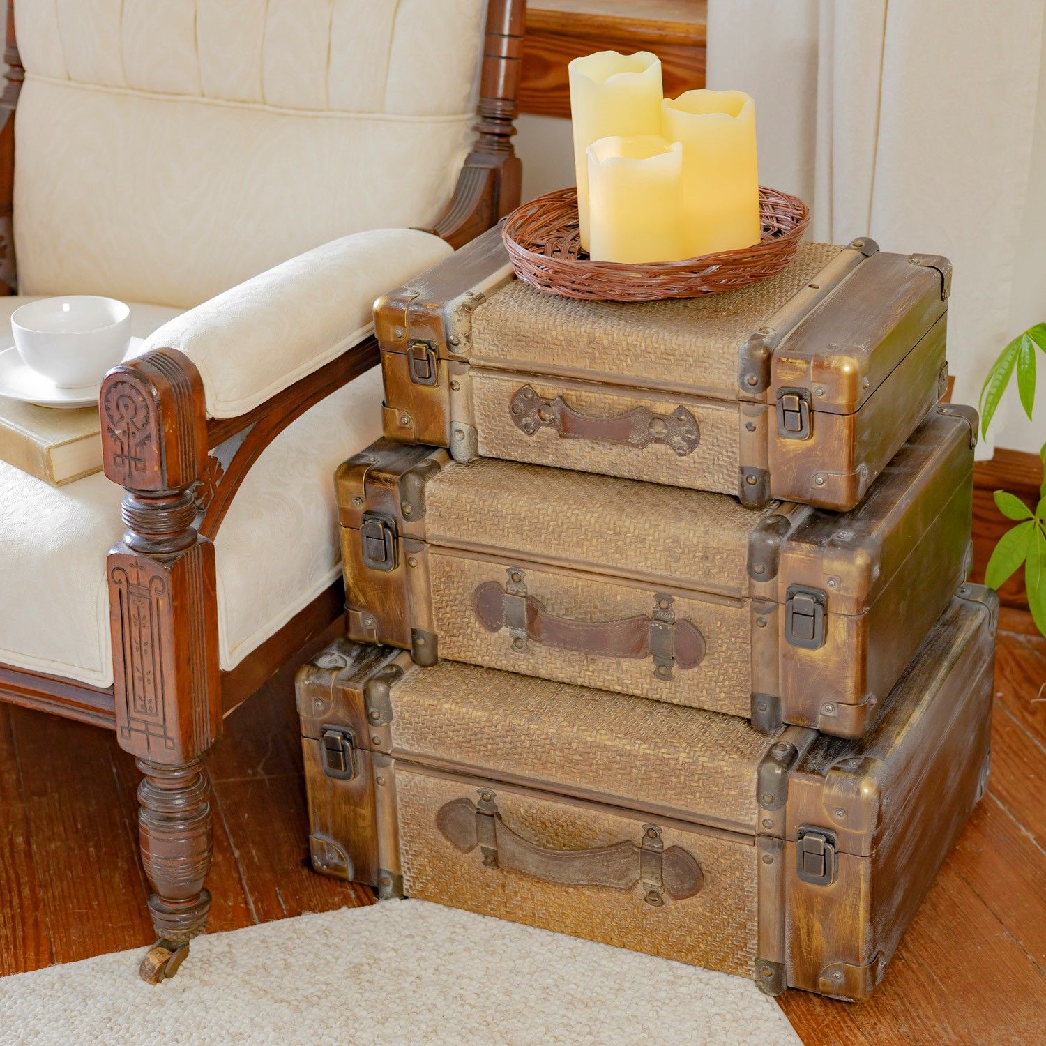 Set of 3 Bamboo Finished Suitcase Decor