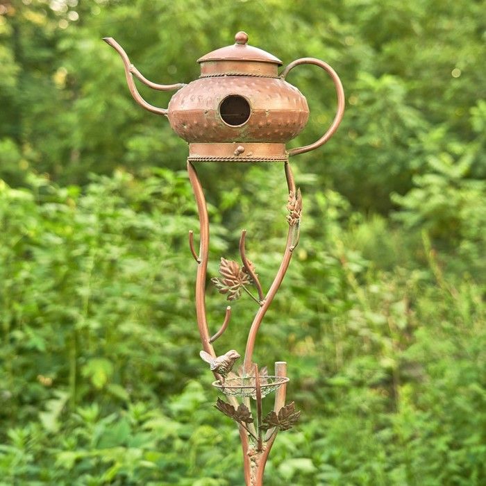 65&quot; Tall Antique Copper Teapot Birdhouse Garden Stake, &quot;Genie Lamp&quot;