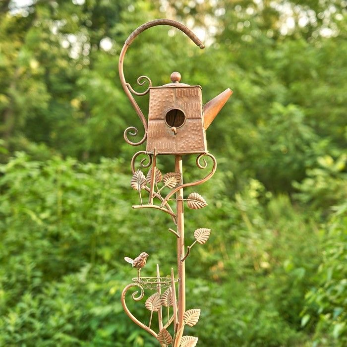 65&quot; Tall Antique Copper Teapot Birdhouse Garden Stake, &quot;Square Teapot&quot;