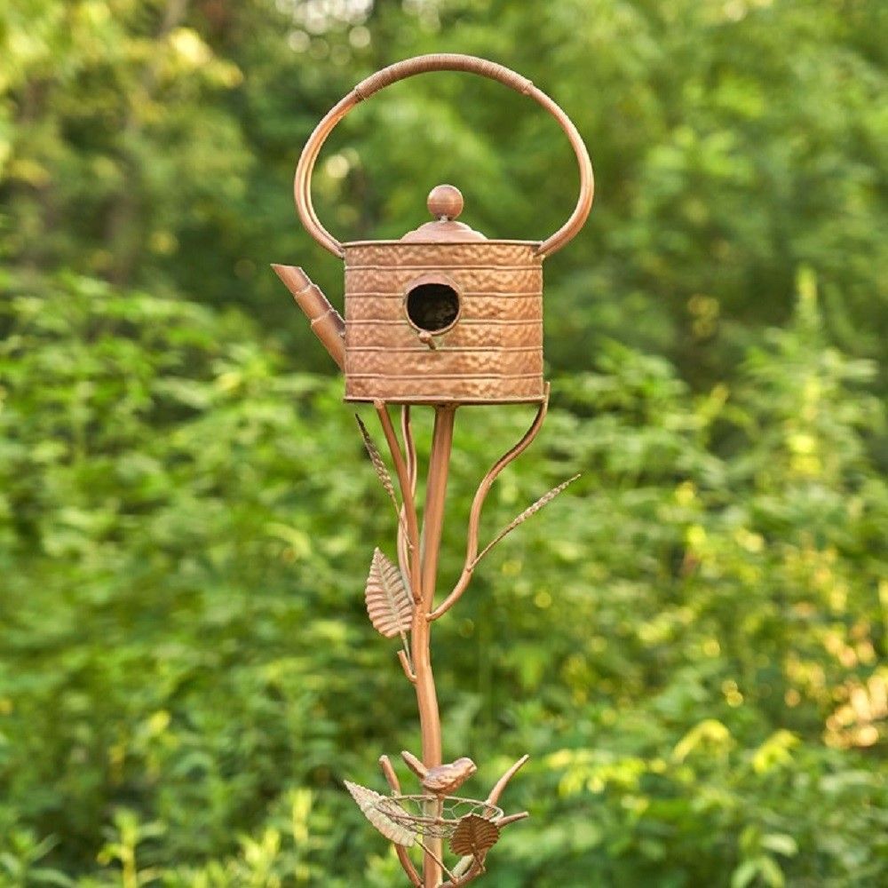 65&quot; Tall Antique Copper Teapot Birdhouse Garden Stake, &quot;Ribbed Octagonal Teapot&quot;