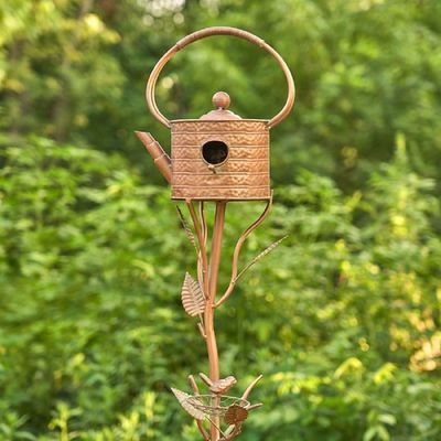 65&quot; Tall Antique Copper Teapot Birdhouse Garden Stake, &quot;Ribbed Octagonal Teapot&quot;