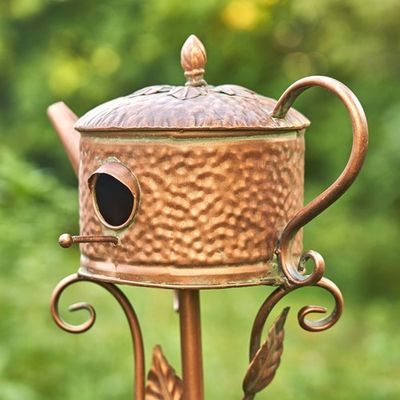 Antique Copper Birdhouse Garden Stake-Round Classic Teapot