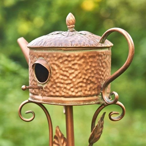 Antique Copper Birdhouse Garden Stake-Round Classic Teapot