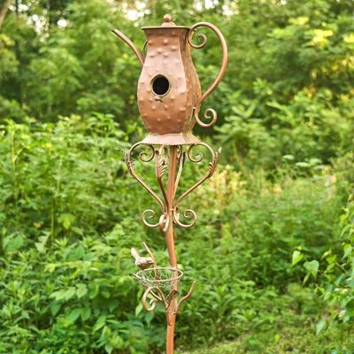 65&quot; Tall Antique Copper Teapot Birdhouse Garden Stake, &quot;Tall Hourglass Teapot&quot;
