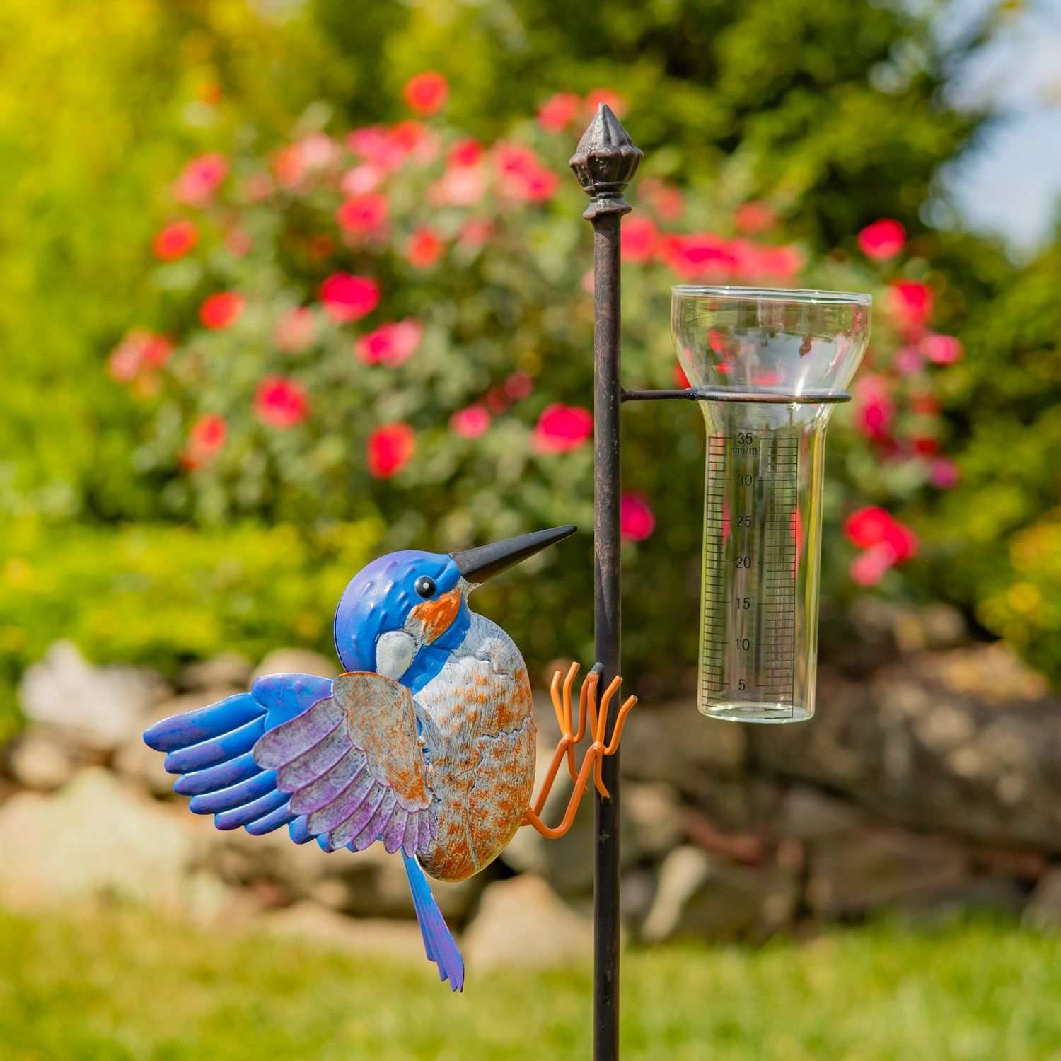 46.75&quot; Tall Iron Garden Stake with Hummingbird and Rain Gauge &quot;Skye&quot;