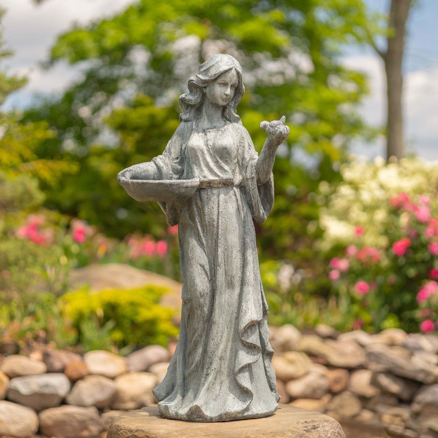 38&quot; Tall Magnesium Girl Holding Bird and Bowl Garden Statue in Grey &quot;Holly&quot;