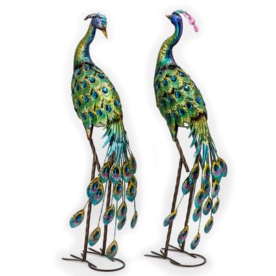 Set of 2 41&quot; Tall Blue &amp; Green Colorful Metal Peacocks with Acrylic Accents