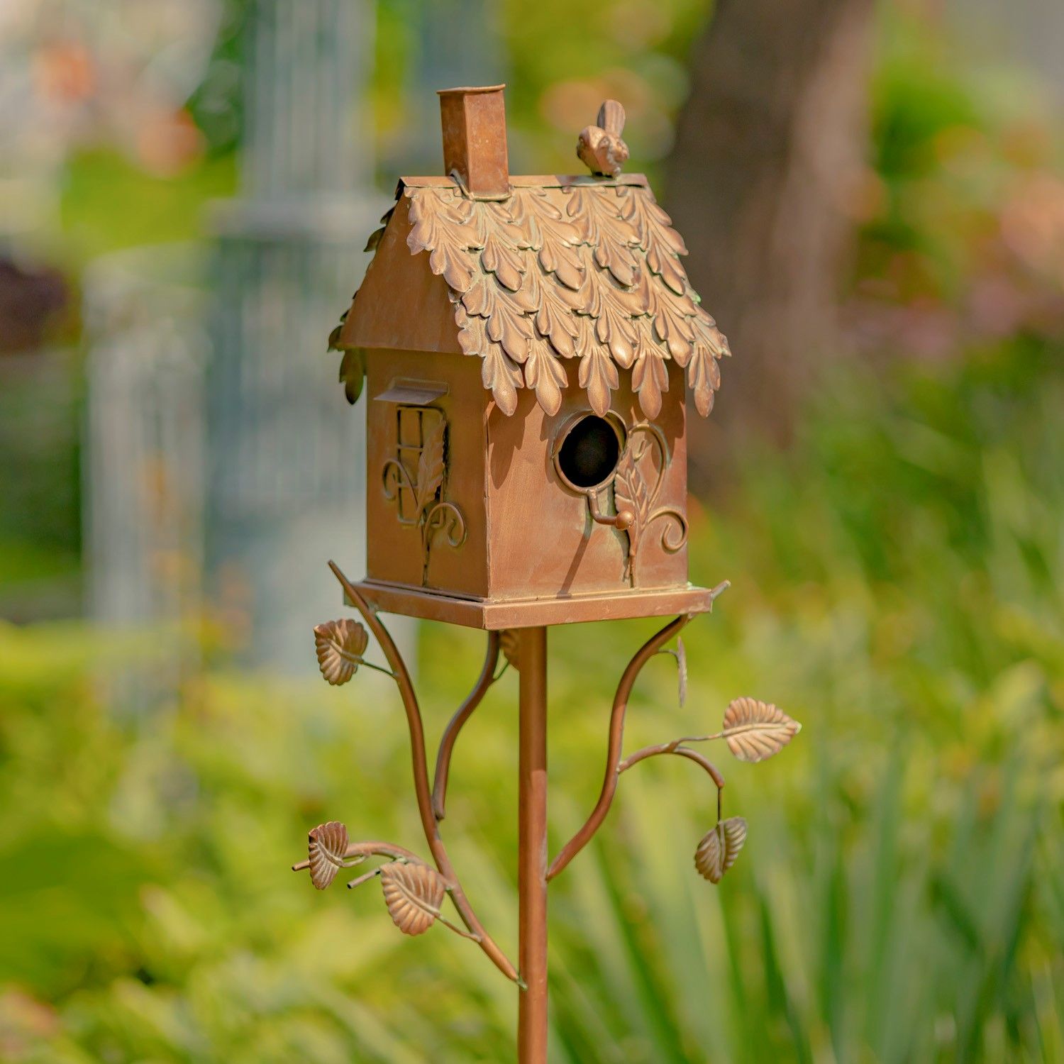 Country Style Iron Birdhouse Stake &quot;Chimney House&quot;