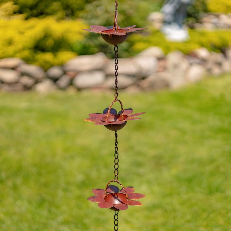 78" Long Iron Flower Rain Chain in Antique Rust