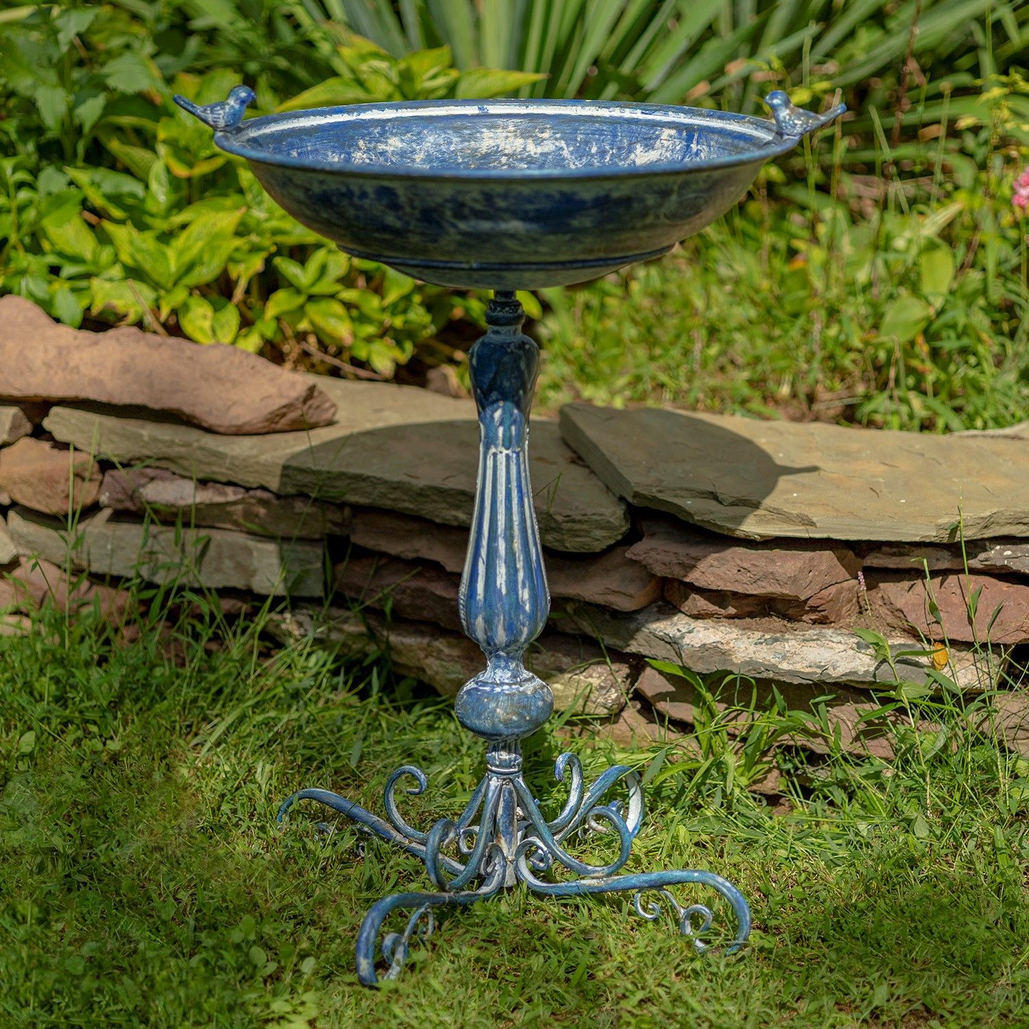 27&quot; Tall Ornate Pedestal Birdbath with Little Bird Details in Antique Blue