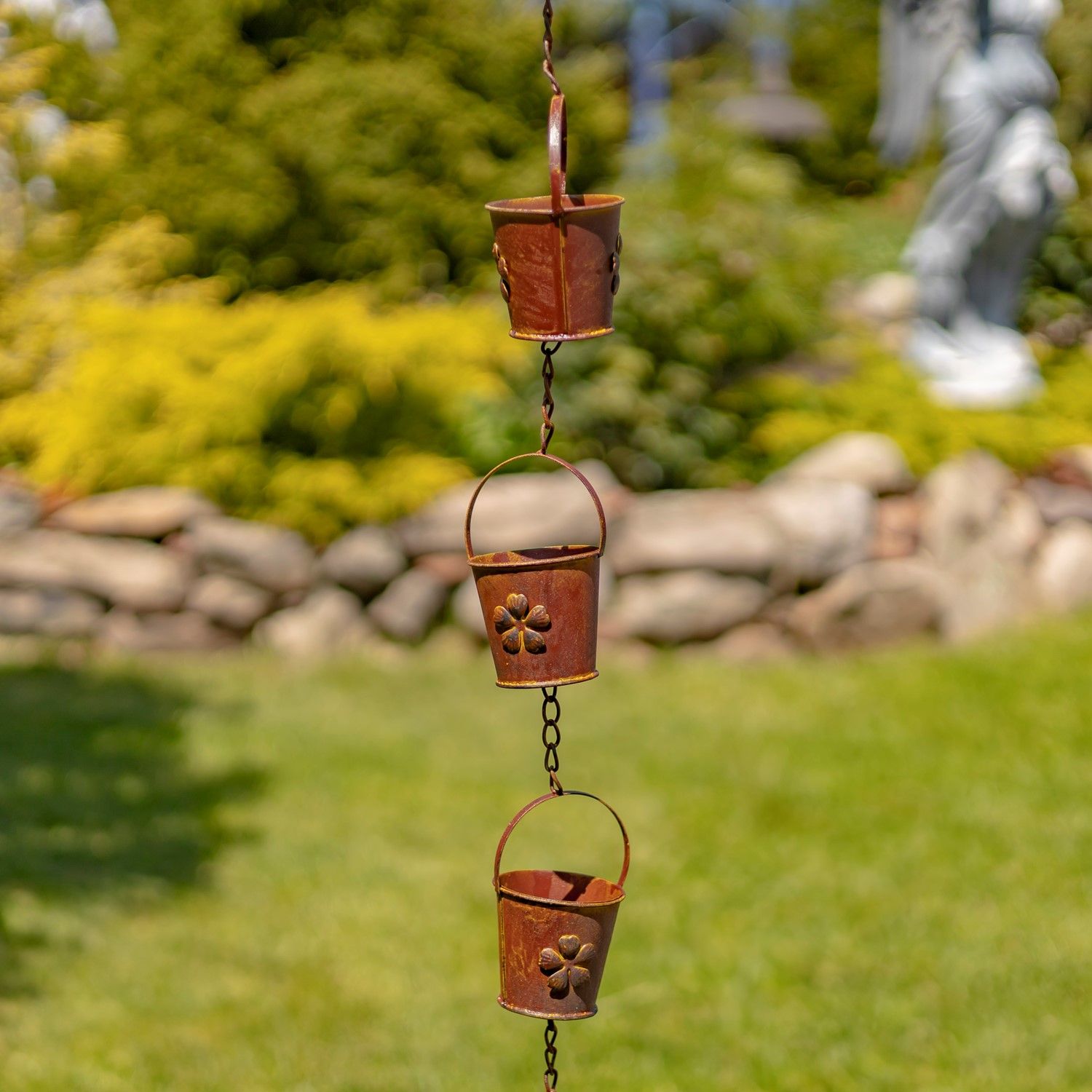 78&quot; Long Iron Bucket Rain Chain in Antique Rust