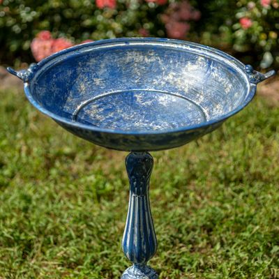 Ornate Pedestal Birdbath with Little Bird Details in Antique Blue