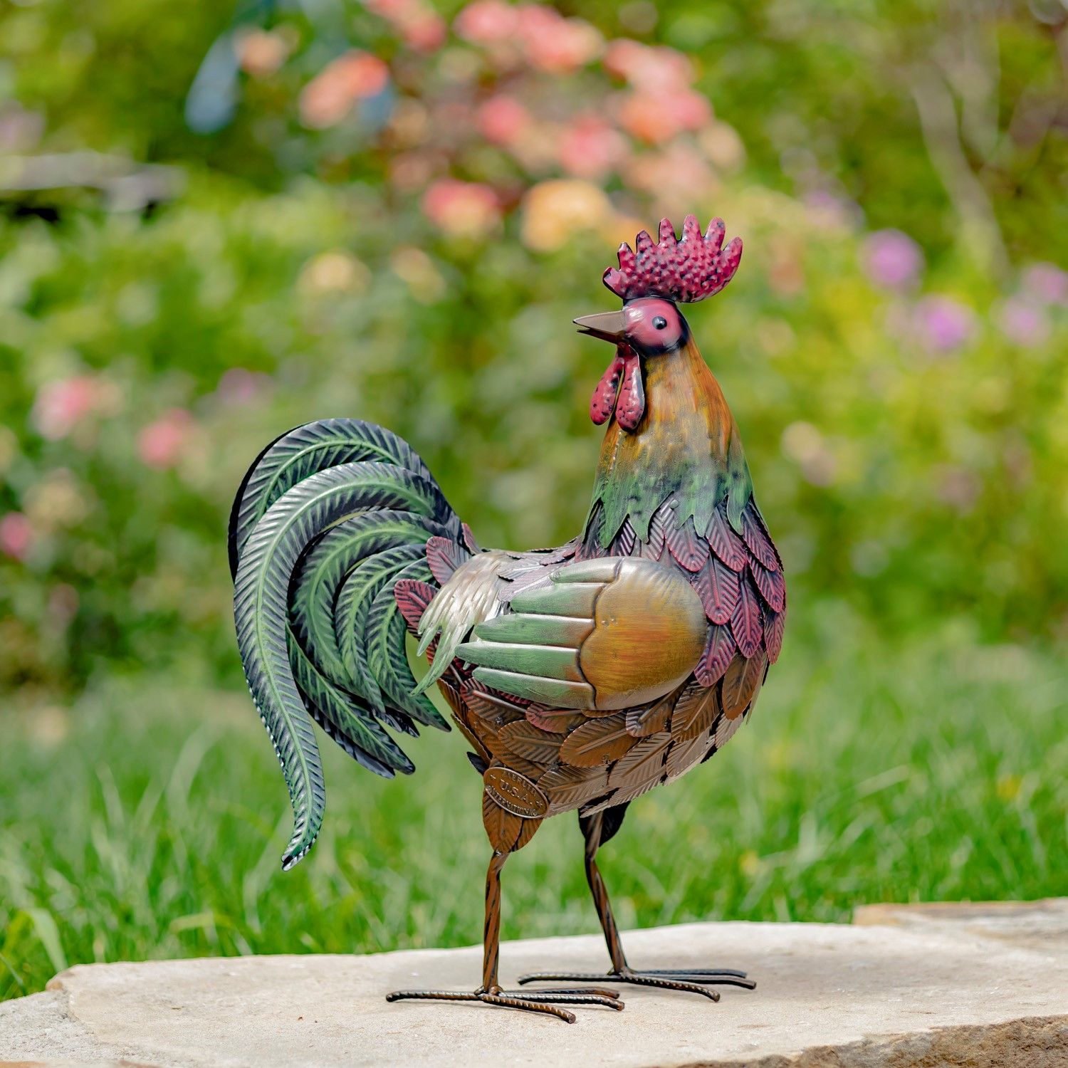 20.5&quot; Tall Burgundy &amp; Green Iron Rooster with Head Turned